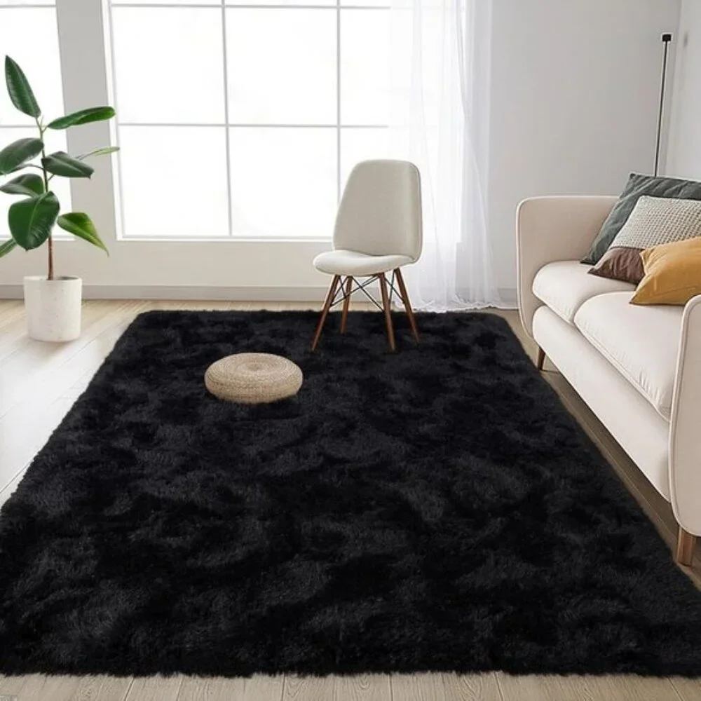 4x6 Black Fluffy Shag Rug, Soft High Pile Non-Slip Carpet for Home & Room Decor
